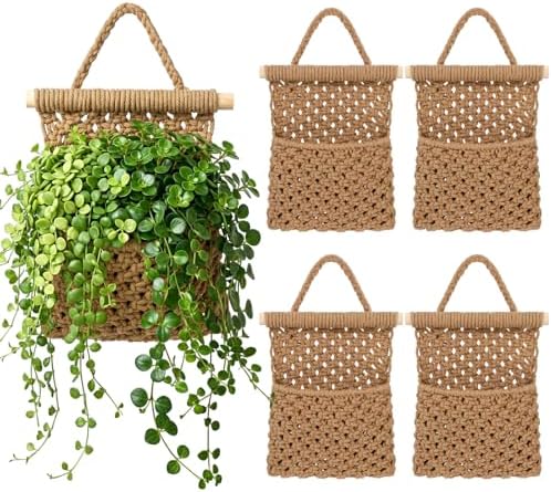 4 Pack Macrame Wall Plant Hangers, Jute by Romooa