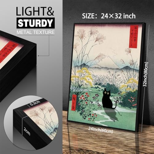 Black Framed Canvas Wall Art Posters Funny Japanese Black Cat Poster Modern - Image 2