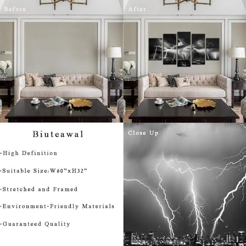 Biuteawal - Black and White City Wall Art Nature Lightning Strikes in The - Image 6