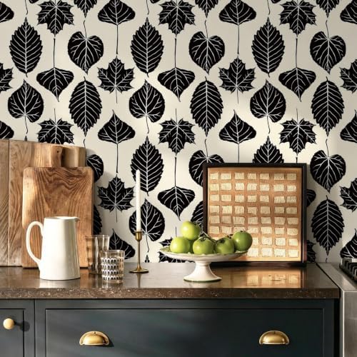 Dimoon Modern Peel and Stick Wallpaper Black and Cream Leaf Contact Paper by DIYYOURMOON