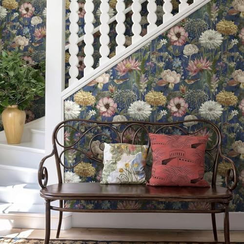 Jeweluck Vintage Floral Wallpaper Peel and Stick Dark Blue 16.9" x 196.8" - Image 5