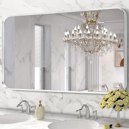 Silver Bathroom Mirror 28x60in, Metal Framed Rounded Rectangle - Image 4