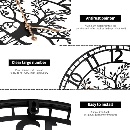 Dankeit Tree of Life Wall Clock, Metal Black Large Wall Clock, 24inch Oversized - Image 3