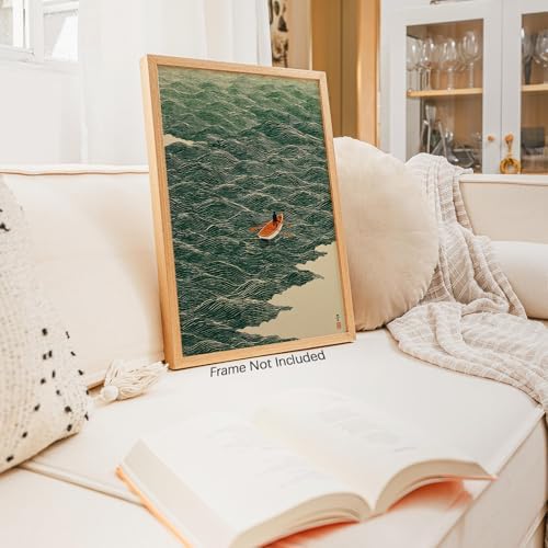 Vintage Japanese Canvas Wall Art Emerald Green Boat At Sea Posters Minimalist - Image 3