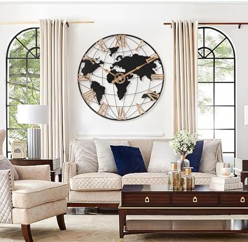 Pytha Sight 24 Inch Large World Map Vintage Gold Roman Numerals Wall Clock - Image 6