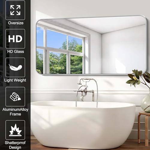 Silver Bathroom Mirror, 72 x 36 Inch Large Rectangle Mirror, Rectangular Vanity - Image 3