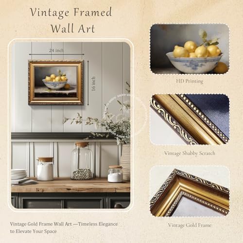 uniro Vintage Gold Framed Wall Art, Vintage Lemons Still Life Canvas Art Prints - Image 2
