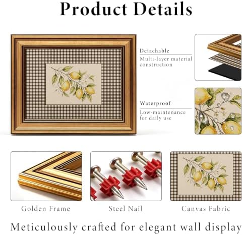 IMNTSD Framed Vintage Lemon Branch Wall Art, Gingham Check Background Fruit - Image 3