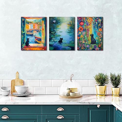 MUWAK Framed Funny Monet Black Cat Canvas Wall Art – Whimsical Matisse Cat - Image 2