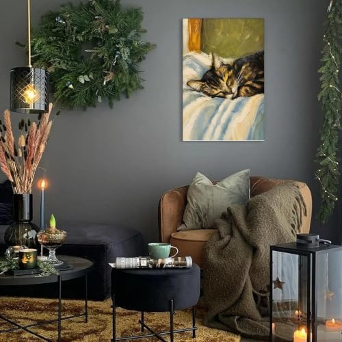 Cat Poster Sleeping Cat Oil Painting Cozy Vintage Canvas Wall Art - Image 2