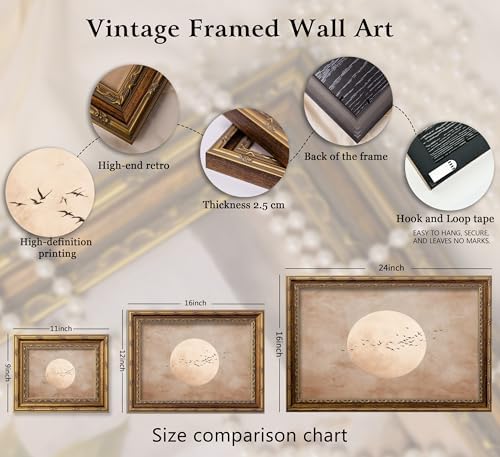 Vintage Gold Framed Minimalist Moon and Birds in Flight Wall Art, Neutral Beige - Image 6