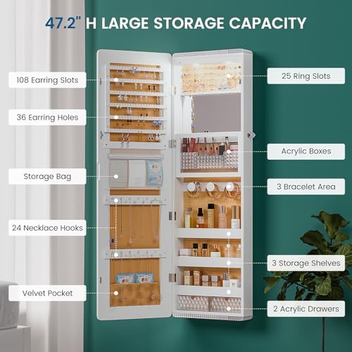 HNEBC Full Length Mirror with Storage, Wall Mounted Jewelry Cabinet with Lights - Image 3