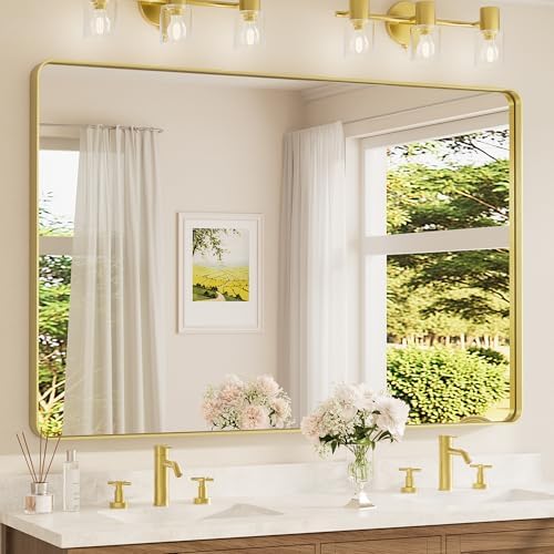 TETOTE 60 x 40 Inch Brushed Gold Frame Mirror, Brass Bathroom Vanity Mirror by TETOTE
