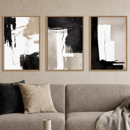 Abstract Black White Brown Framed Canvas Wall Art Set-24"x36"x3 by Celestdeco