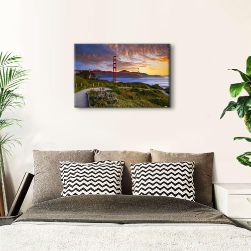 Famous Cityscape Canvas Wall Art Red Golden Gate Bridge Picture Bedroom Wall - Image 2