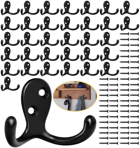 Homanu 34 Pack Coat Hooks, Heavy Duty Double Prong Coat Hooks Wall Mounted by Homanu