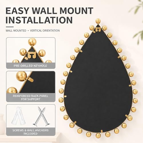 24x36 inch Teardrop Wall Mirror, Antique Gold Beaded Ball Frame - Image 6