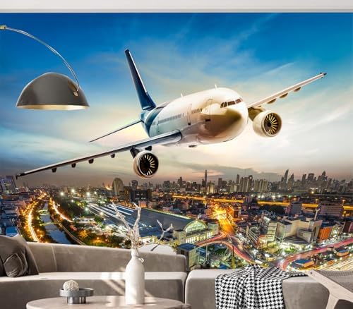 Modern Airplane Flying Over City Sunset Wallpaper Peel Stick - Image 2