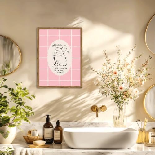 Cute Pink Bathroom Cat Wall Art Welcome to the Bathroom Sign Trendy Animal - Image 2