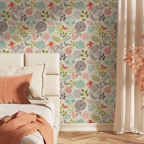 MuralPeel Vintage Blue Green Red Flower Plant Bird Peel and Stick Wallpaper - Image 2