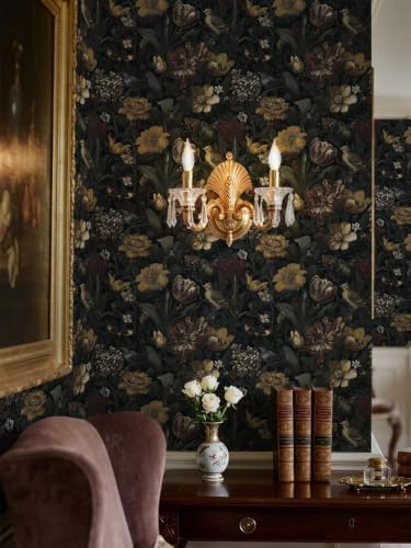 Ismoon Vintage Floral Peel and Stick Wallpaper Dark Black Contact Paper - Image 2