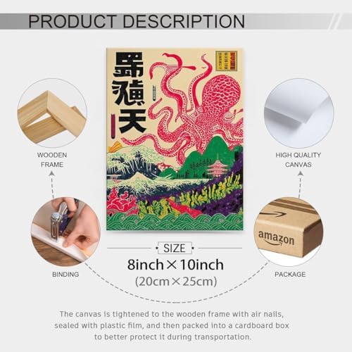 Framed Japanese Wall Art Octopus Ocean Theme Canvas Print 8x10in Vintage - Image 2