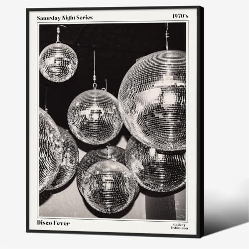 70s Disco Ball Wall Art 16x20in Black Framed Vintage Black and White Newspaper by Unknown