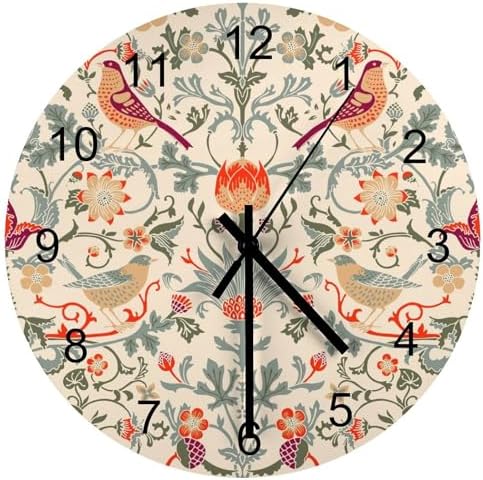 William Morris Wall Clock, Vintage Art White Rustic Floral Botanical Bird Round by LOMADIA