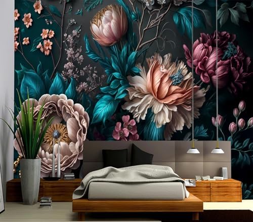 Luxurious 3D Floral Peony Teal Leaves Wallpaper Peel Stick - Image 3
