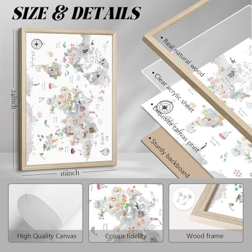 Joocrise Grey Kids World Map Wall Art Animal Map Canvas Wall Art Nursery Wall - Image 2