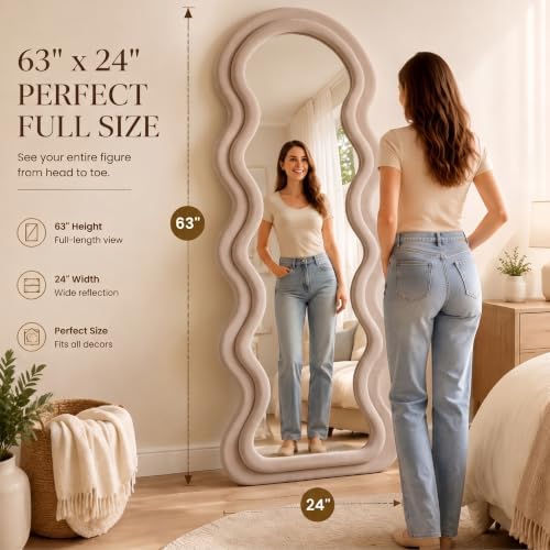 BOJOY Full Length Mirror 63"x24", Irregular Wavy Mirror, Wave Arched Floor - Image 2