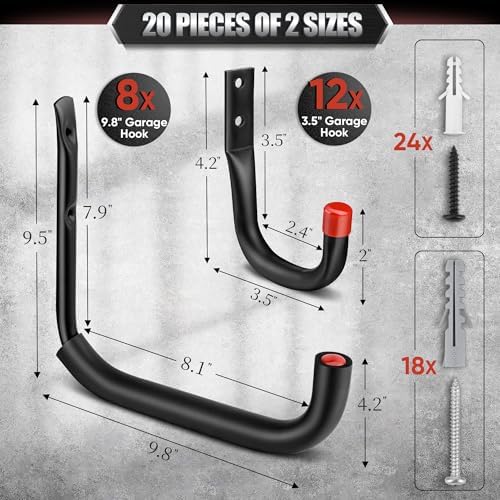 Nacial 20 Pack Heavy Duty Garage Hooks, 9.8" & 3.5" Wall Hooks - Image 2