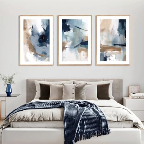LHIUEM Large Abstract Navy Blue Framed Canvas Wall Art, Neutral Brush Stroke - Image 4
