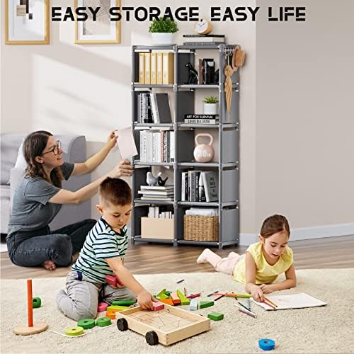 Grey Tall Book Shelf, 12 Cube Storage Organizer Closet, DIY Metal Bookcase - Image 2