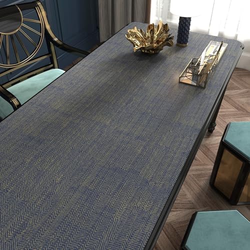 YENHOME Blue Gold Herringbone Grasscloth Peel and Stick Wallpaper 17.7"x118" - Image 3