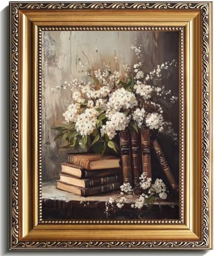 uniro Vintage Gold Framed Wall Art, Moody Books and Flowers Canvas Art Prints by uniro