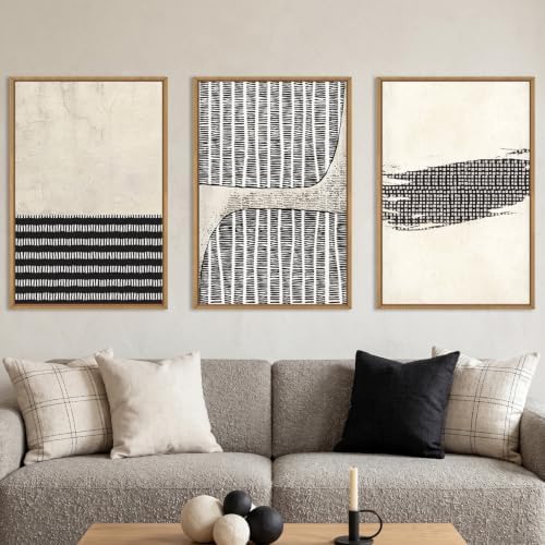 Aryroi Black Beige Abstract Minimalist Framed Canvas Wall Art Set-16"x24"x3 by Aryroi