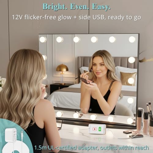 LUXFURNI Vanity Mirror with Lights, 23.6" Hollywood Makeup Mirror Black - Image 4