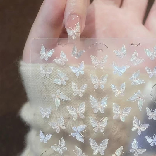 4 Sheets White Nail Art Stickers Decals Bow-tie Butterfly Nail Stickers 3D Self Adhesive with Pearls Nail Decals Supplies Nail Art Design Decoration Accessories for Women and Girls