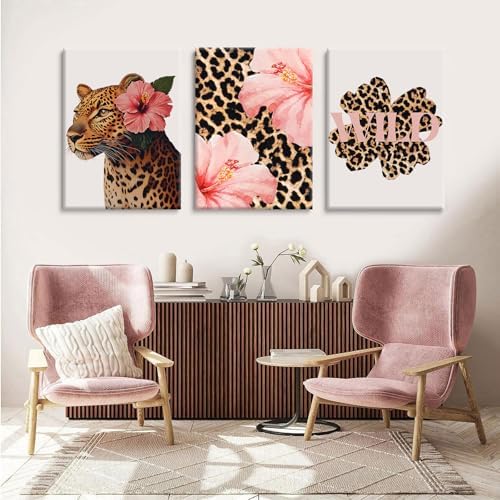 Trendy Leopard Wall Art Pink Cheetah Print Room Decor Leopard Flower Canvas - Image 7