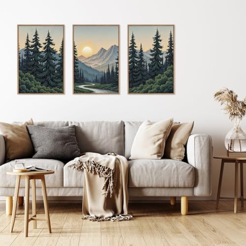 HLNIUC Mountain Forest Sun Framed Wall Art, Large Boho Pine Tree Canvas Wall - Image 4
