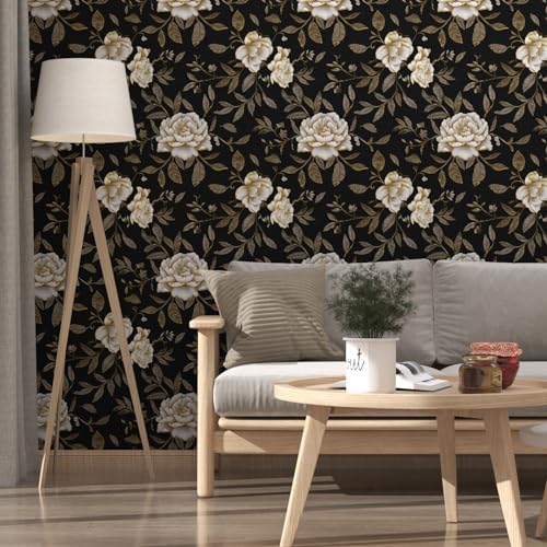 Laatse Dark Golden White Peony Floral Wallpaper Peel and Stick 17.5"x787" - Image 4