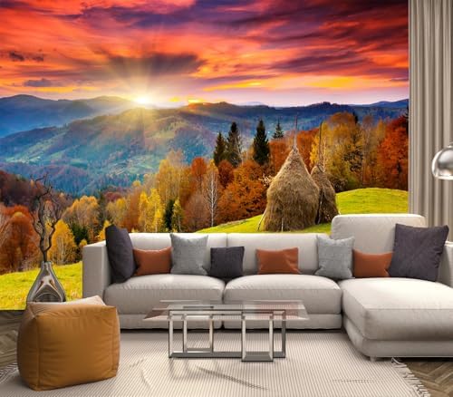 Stunning Autumn Sunset Mountain Haystack Peel Stick Wallpaper by Cliouar