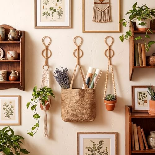 Novabright 3 Pcs Boho Wall Hooks Vintage, Woven Rattan Metal Gold Hanging - Image 6