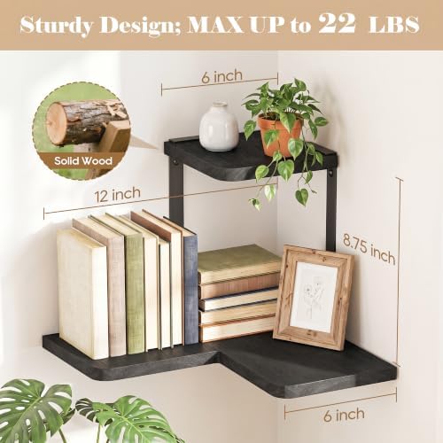 SRIWATANA 2-Tier Corner Wall Shelf, Rustic Wood Storage Display Shelf Black - Image 3