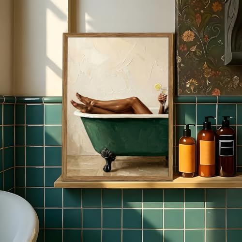 Black Woman Green Bathtub Wall Art Modern Luxury Bathroom Wall Decor Painting - Image 2