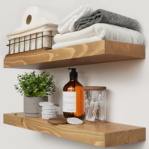 Natural Wood Floating Shelves for Wall 24 inch Oak, Wooden Bathroom Shelf by BAOBABWORKSHOP