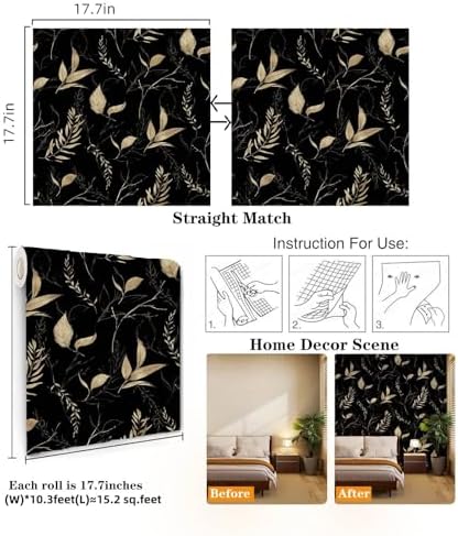 Dark Black and Gold Leaf Peel and Stick Wallpaper 17.7" x 124" - Image 5