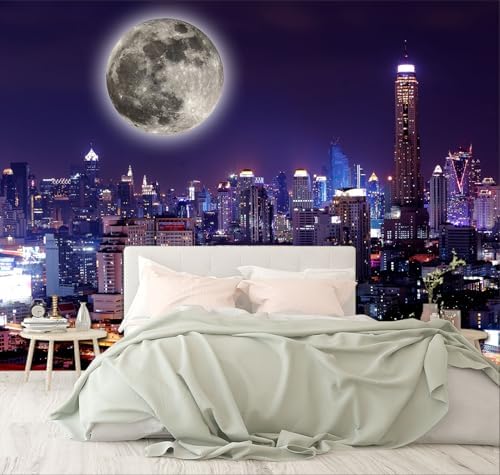 XMPMBM-City Night View the Moon Nursery Room Fabric Wallpaper Living Room by Moredurableandtear-resistantthantraditionalwallpaperwithexcellentadhesion
