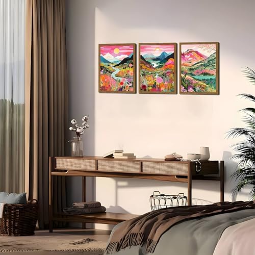 Boho Colorful Mountain Wall Art Set of 3, Abstract Watercolor Landscape Flower - Image 7